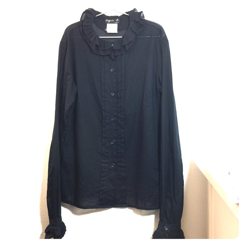 Agnes b Button down blouse with ruffle collar navy